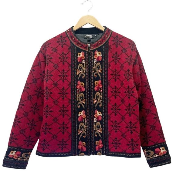 Vintage Icelandic Design Wool Zip Front Cardigan Jacket Red Black Size Medium - Picture 1 of 12